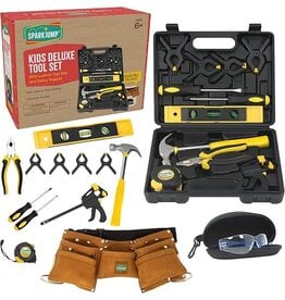 SparkJump Kids Deluxe Tool Set with Leather Tool Belt & Safety Goggles