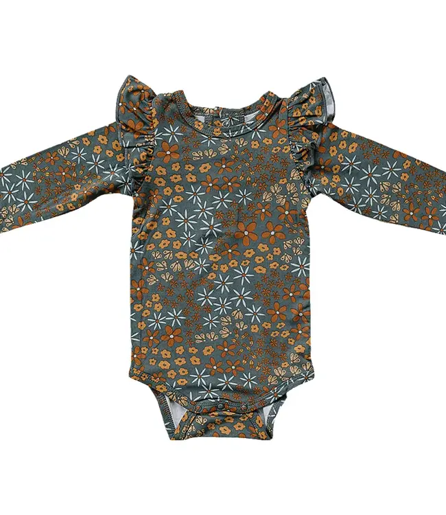 Mebie Baby Floral Ruffle Sleeve Bodysuit, Navy