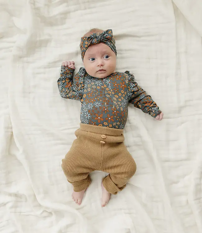 Mebie Baby Floral Ruffle Sleeve Bodysuit, Navy