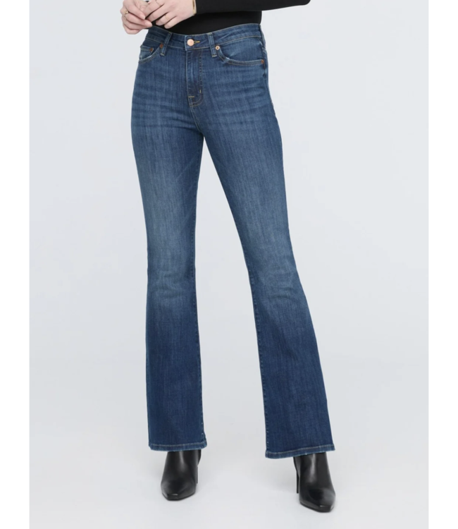 Du/er Performance High Rise Flare, Worn in Blue