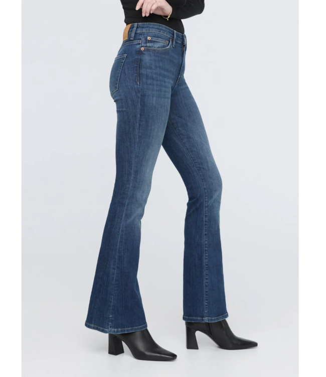 Du/er Performance High Rise Flare, Worn in Blue