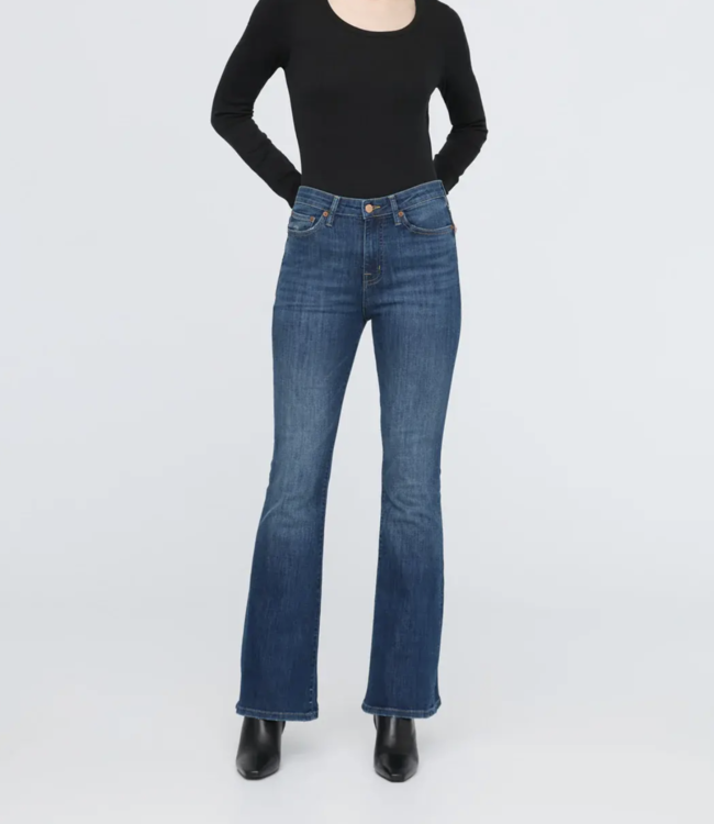 Du/er Performance High Rise Flare, Worn in Blue