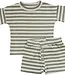 Button Short Set, Sage Stripe