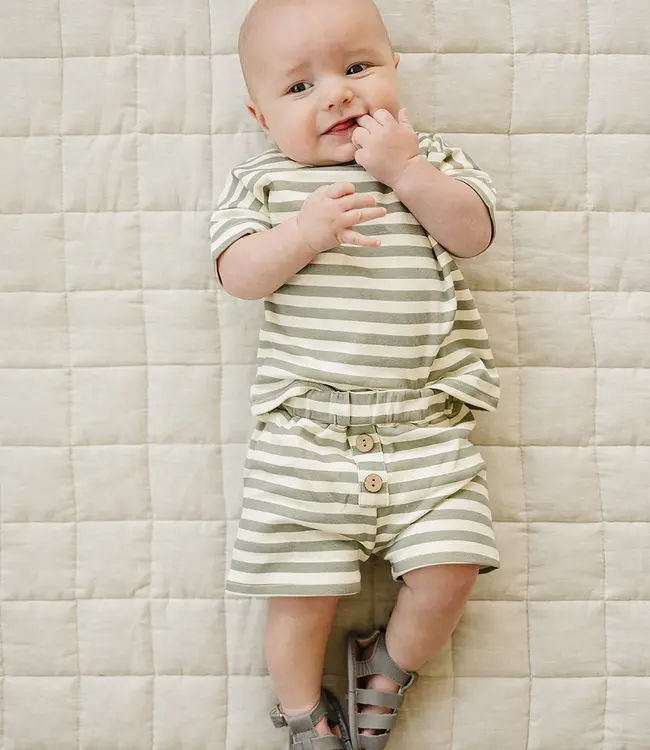Button Short Set, Sage Stripe