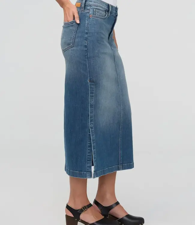 Du/er Performance Denim Slit Skirt. Blue Ash