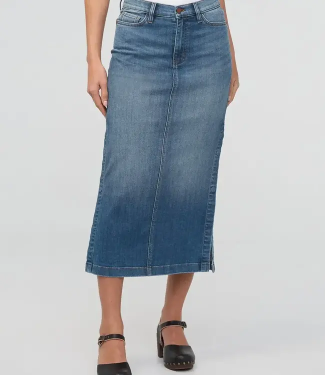 Du/er Performance Denim Slit Skirt. Blue Ash