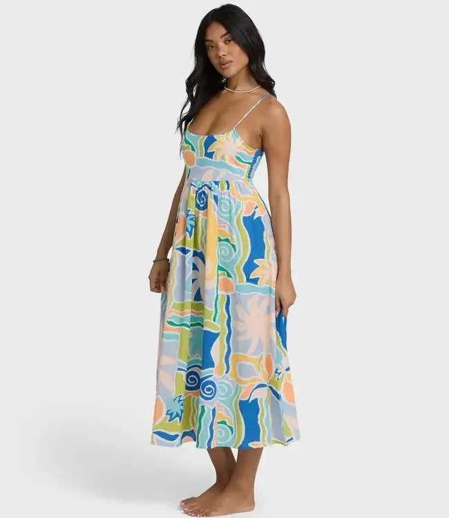 Billabong Island Life Cotton Linen Midi Dress in Blue Multi