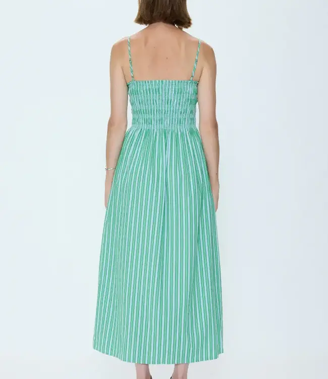 Pistola Denim Bianca Cotton Poplin Shirred Bodice Midi Dress in Green Blue Stripe