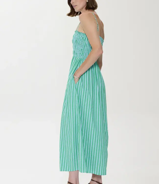 Pistola Denim Bianca Cotton Poplin Shirred Bodice Midi Dress in Green Blue Stripe
