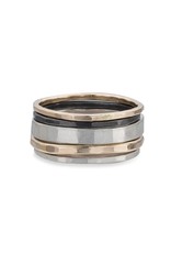 Colleen Mauer 5-Stack Tri-Toned Round Ring Set- Silver, Yellow Gold & Oxidized Silver