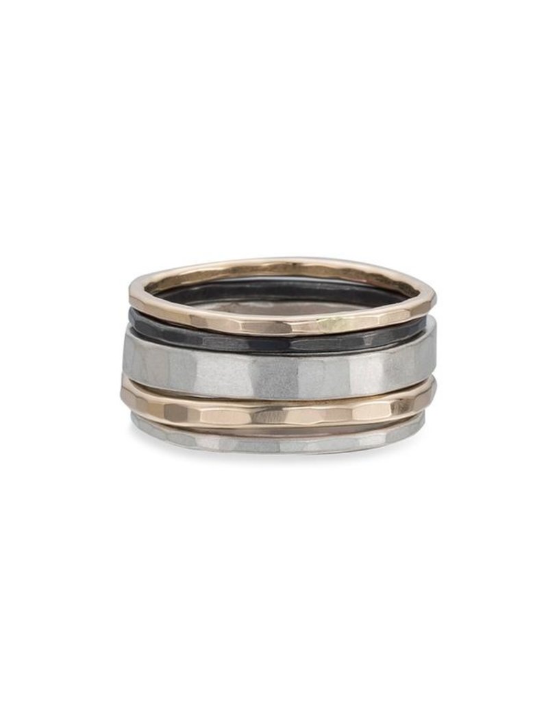 Colleen Mauer 5-Stack Tri-Toned Round Ring Set- Silver, Yellow Gold & Oxidized Silver
