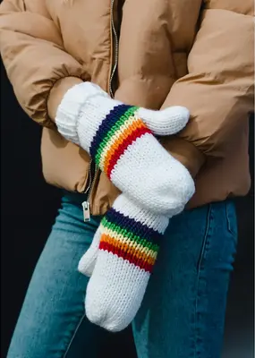 Panache Apparel Co. White and Rainbow Striped Mittens