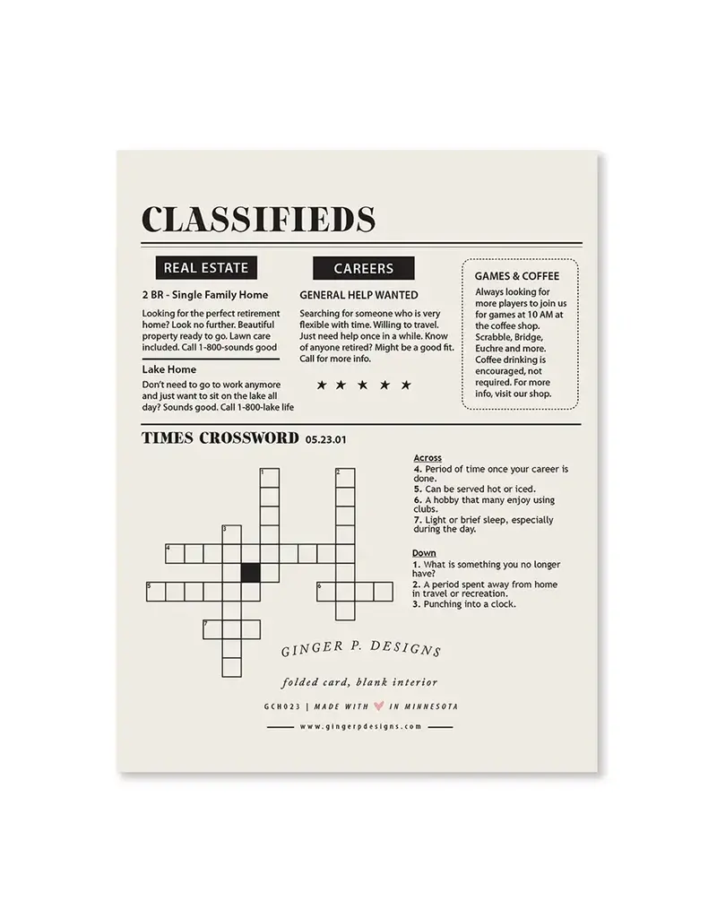 Ginger P. Designs Retirement Times Greeting Card