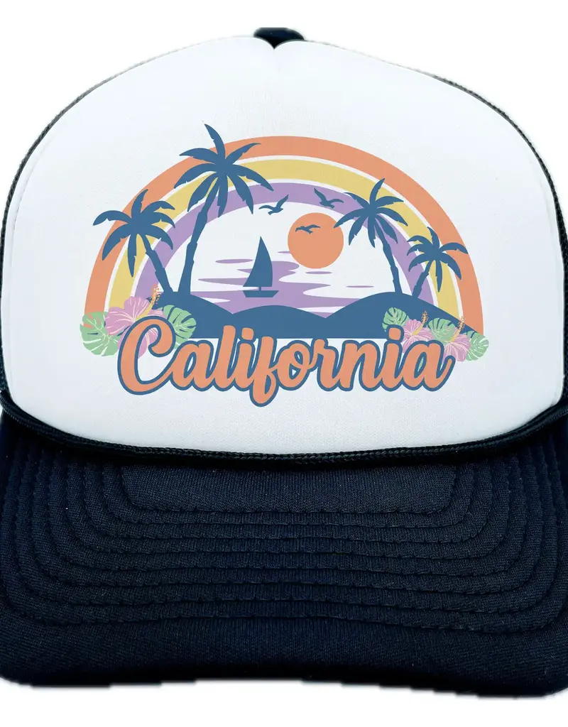 Hey Mountains California Trucker Palm Tree Blue