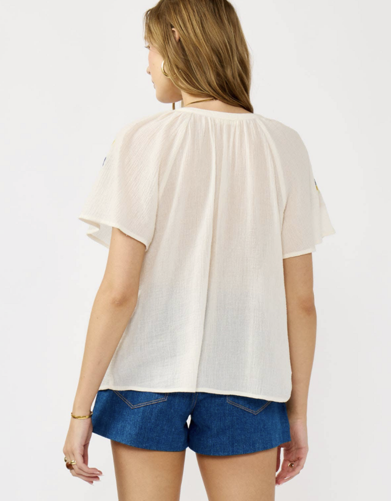 Lovestitch Embroidered Flutter Sleeve BD Cream Top