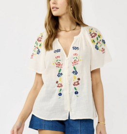 Lovestitch Embroidered Flutter Sleeve BD Cream Top