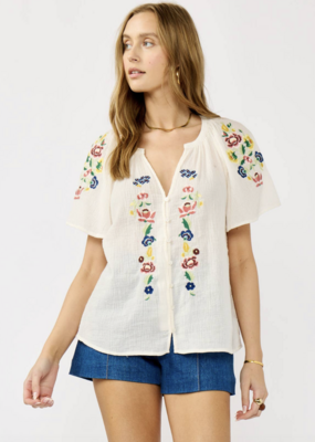Lovestitch Embroidered Flutter Sleeve BD Cream Top