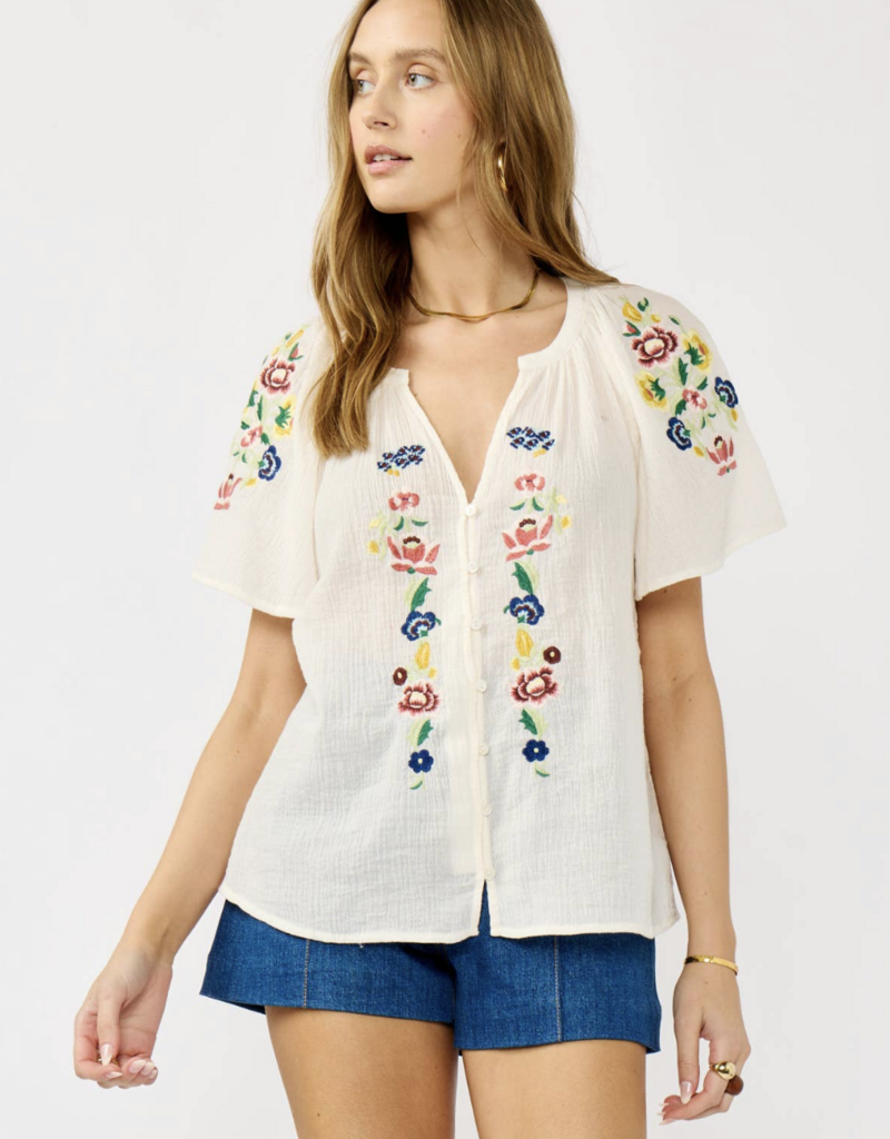 Lovestitch Embroidered Flutter Sleeve BD Cream Top