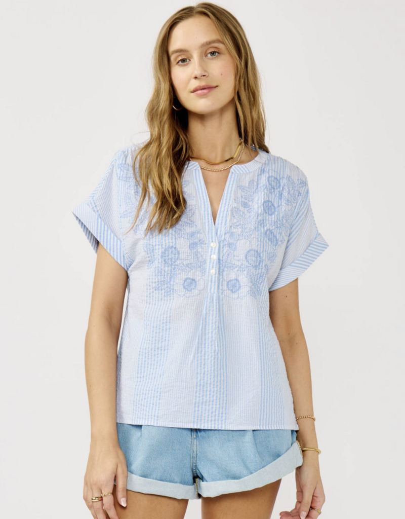 Lovestitch Striped Henley Embroidered Top