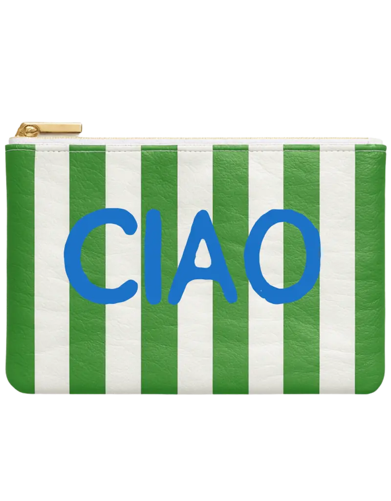 Aspen Lane Ciao Flat Pouch w Green and White Stripes