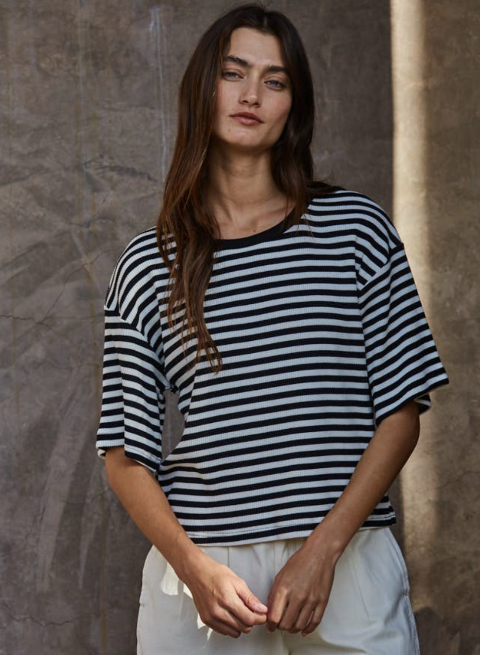 トップス Knit Stripe Tops Knit Cotton Spandex Striped Ribbed Top - Venture Quality Goods