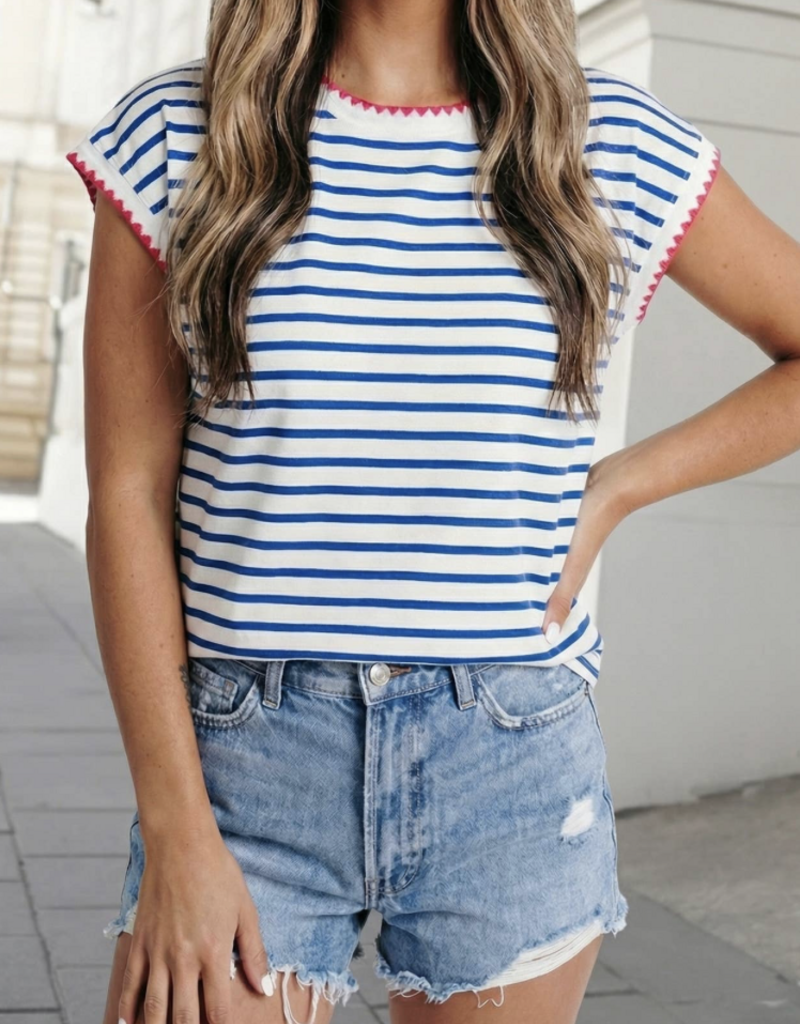 Aapparella Stripe Contrast Trim Cap Sleeve Tee