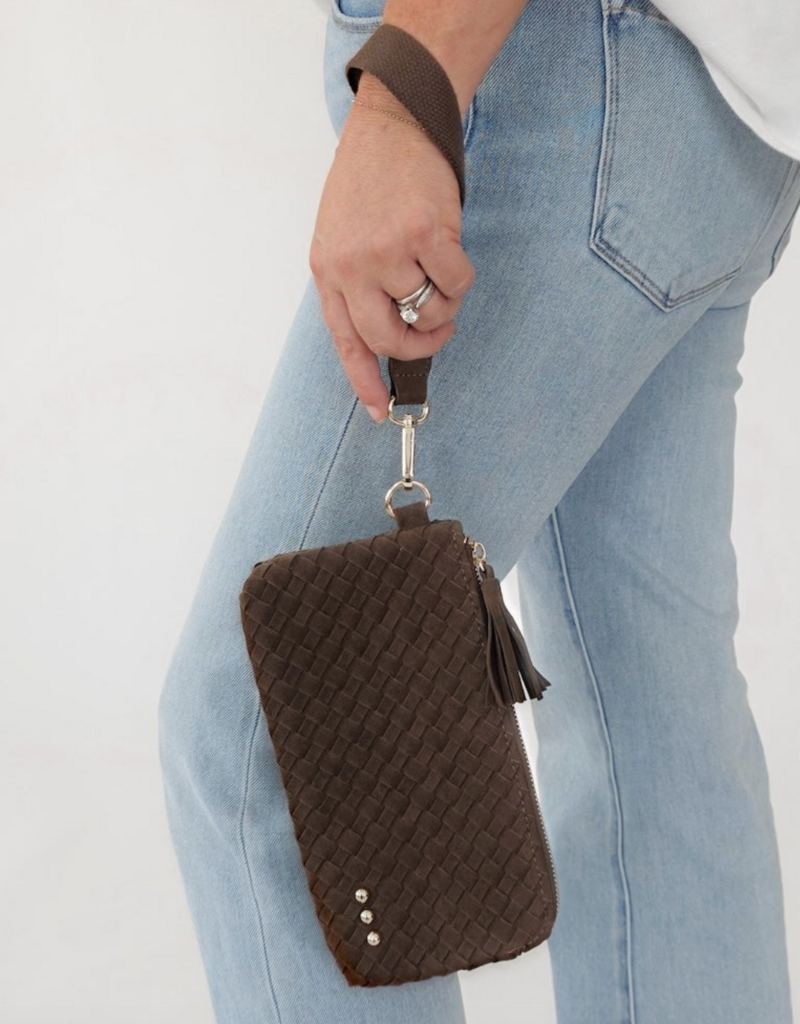 Pretty Simple Suede Emma Woven Clutch Wristlet