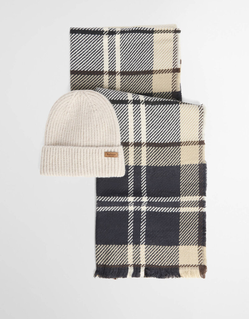 Barbour Pendle Beanie & Blair Scarf Gift Set Light Birchwood Tartan