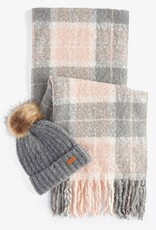 Barbour Saltburn Beanie & Tartan Scarf Set Grey Rose