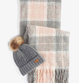 Barbour Saltburn Beanie & Tartan Scarf Set Grey Rose