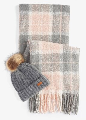 Barbour Saltburn Beanie & Tartan Scarf Set Grey Rose