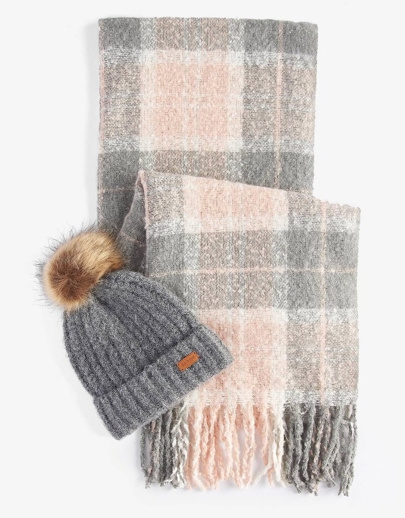 Barbour Saltburn Beanie & Tartan Scarf Set Grey Rose