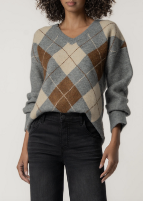 Kut from the Kloth Kimberly V-Neck Argyle Knit Sweater