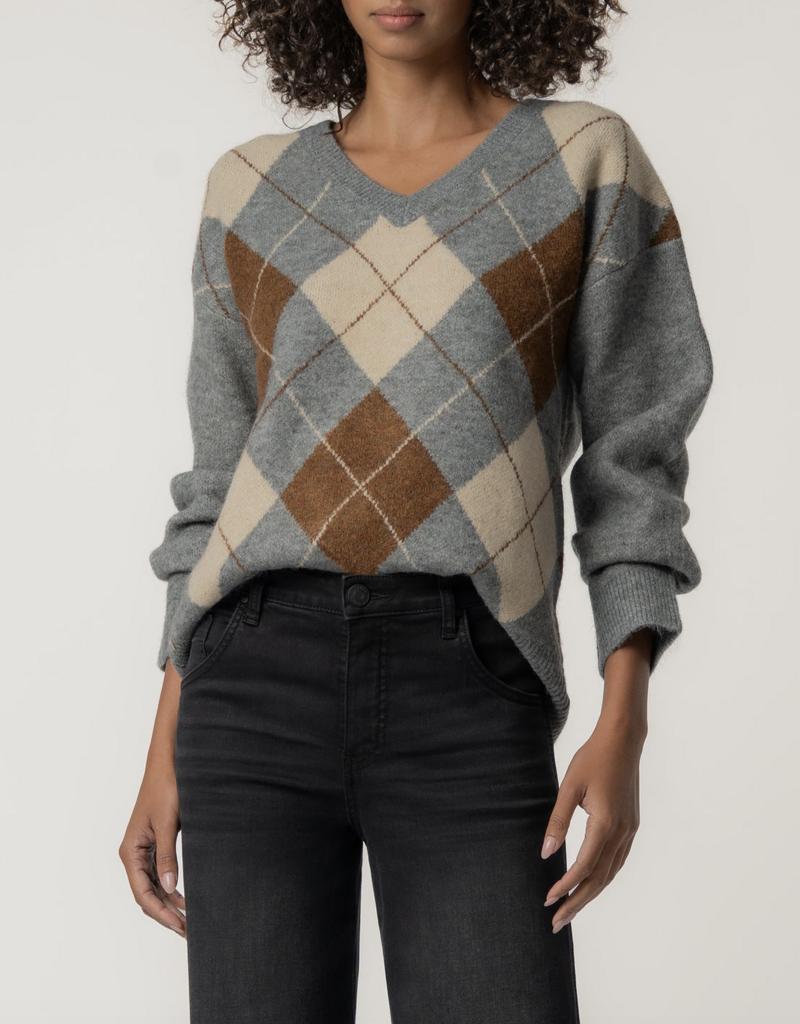 Kut from the Kloth Kimberly V-Neck Argyle Knit Sweater