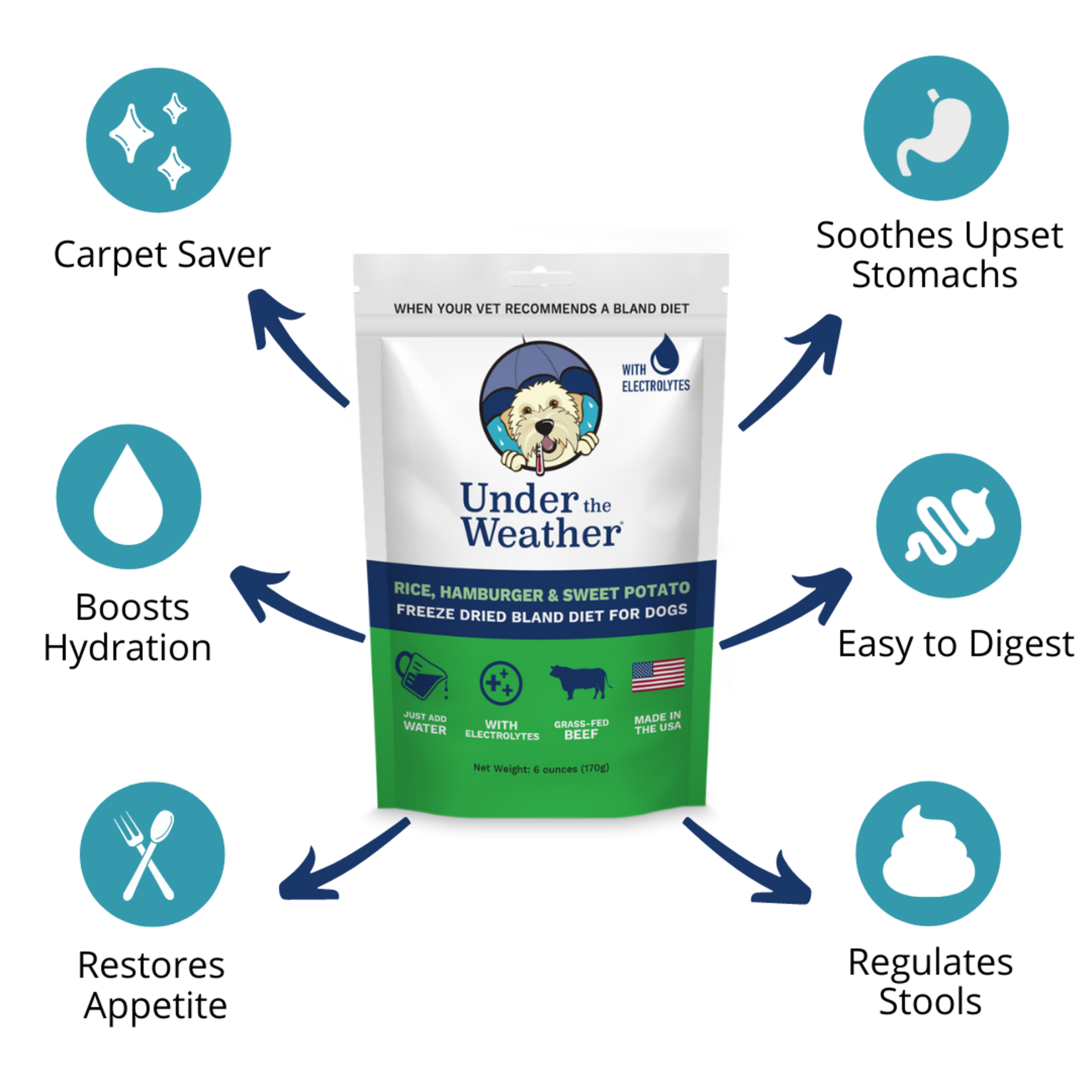 Under the Weather - Régimes fades pour chiens avec électrolytes - Riz, boeuf et patate douce - 170g