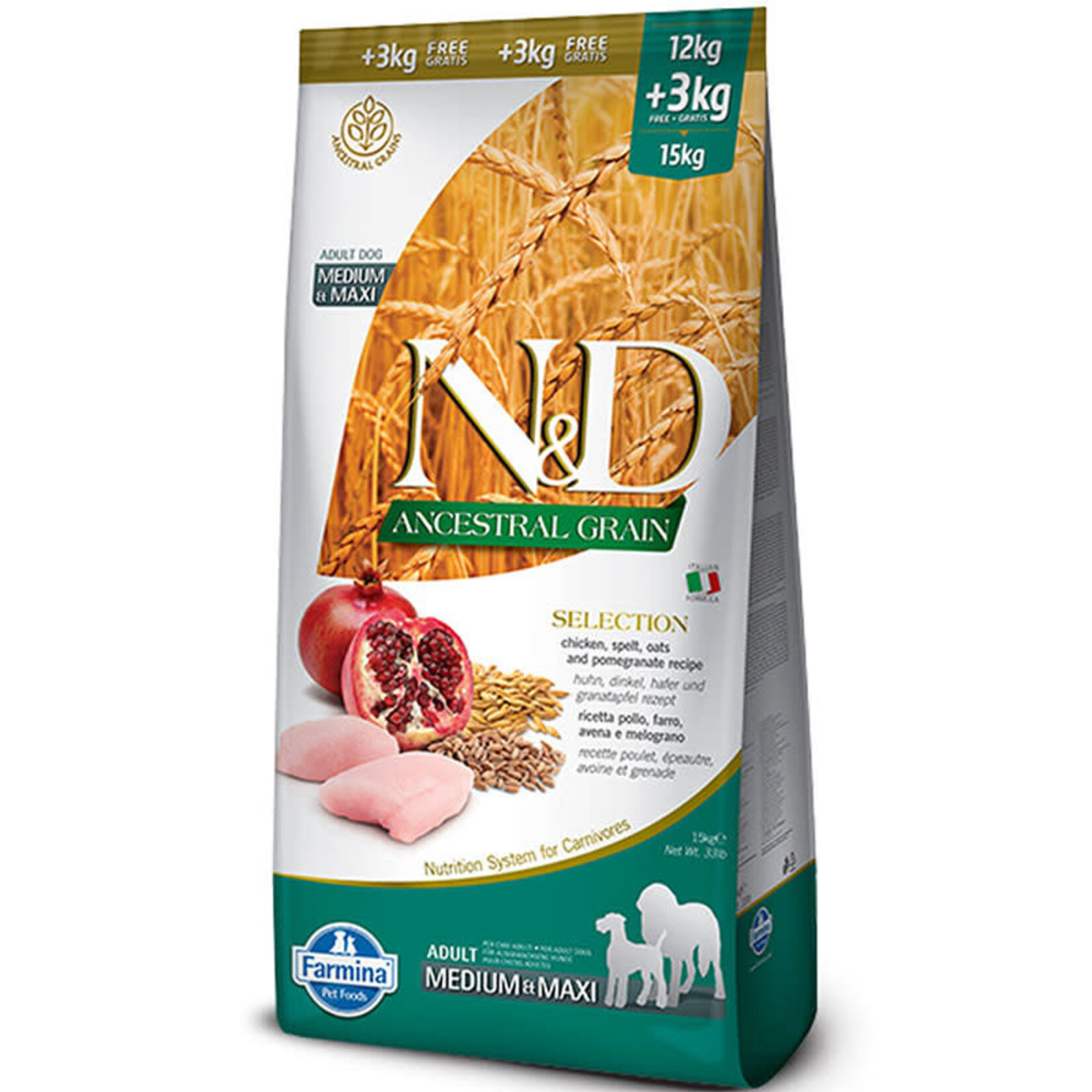 Farmina N&D - ADULT - Med/Maxi - Grain - Chicken & Pomegranate - 33lbs (15kg)