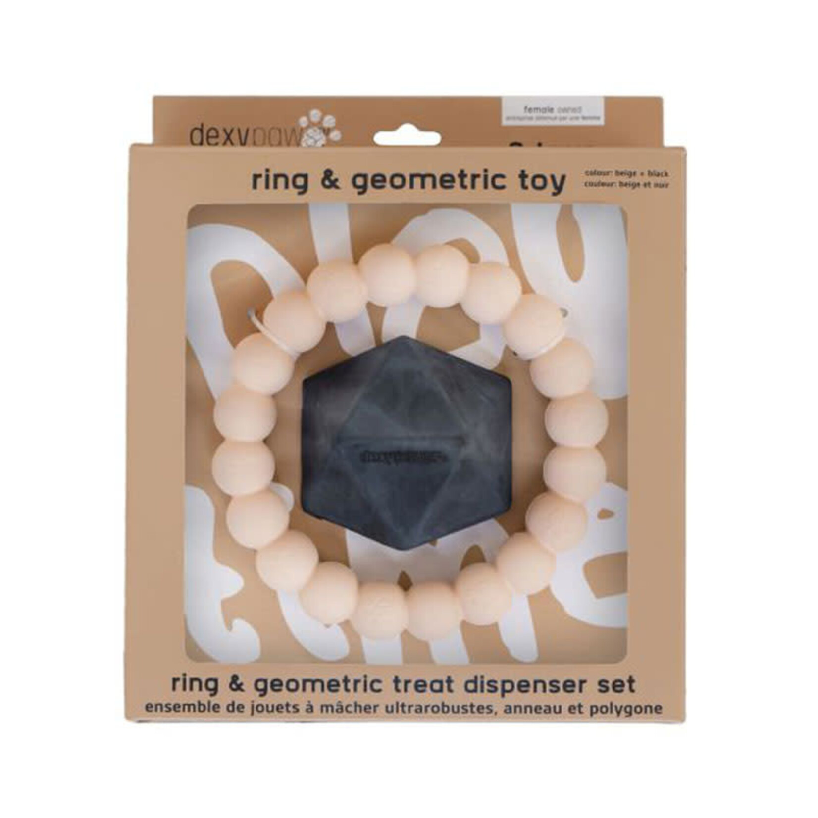 Dexypaws Dexypaws - 2 Piece Geometric & Ring Aggressive Chew Toy Set - Nude & Black