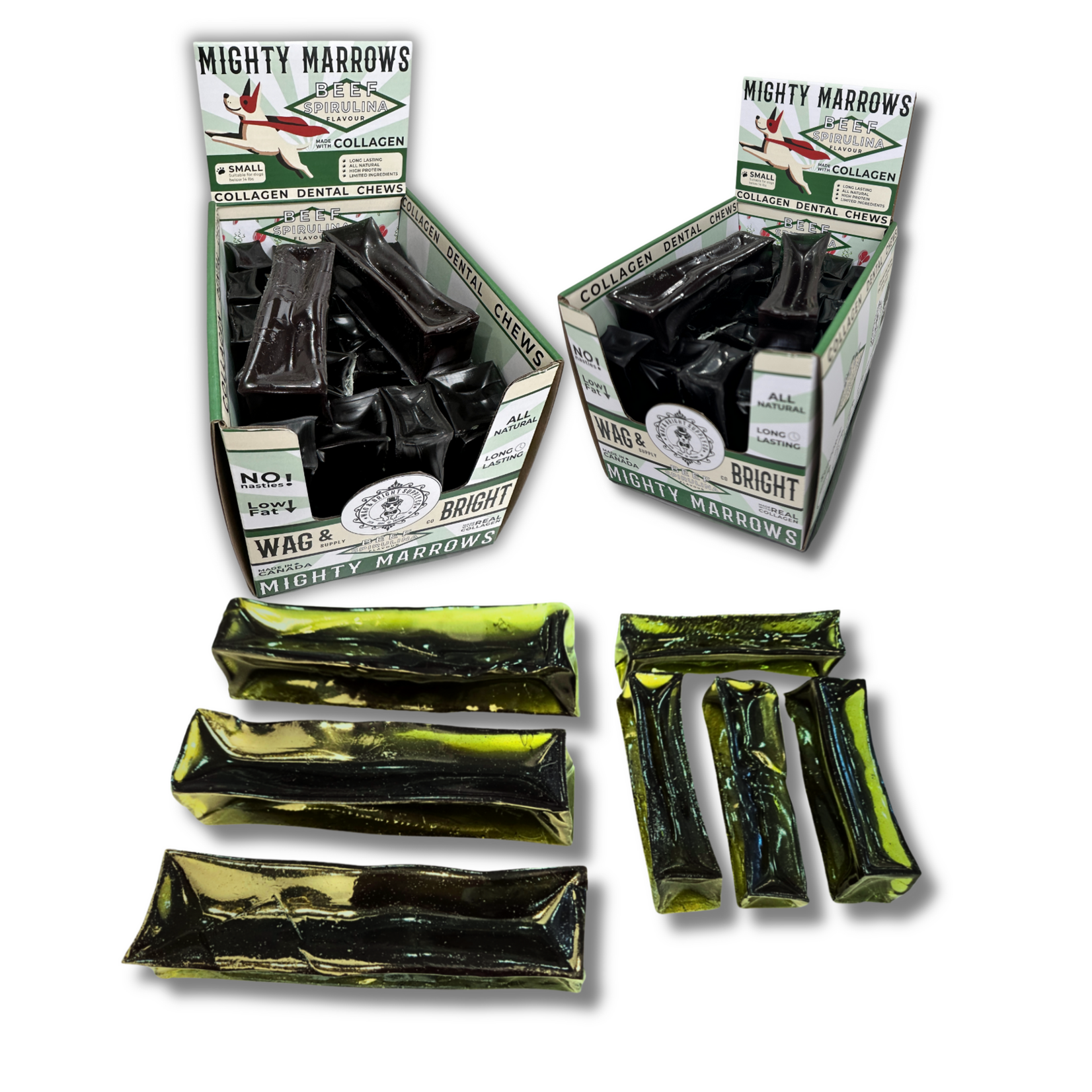 Wag & Bright Supply Co. Mighty Marrows - Bâtonnet dentaire au collagène - Spiruline et boeuf