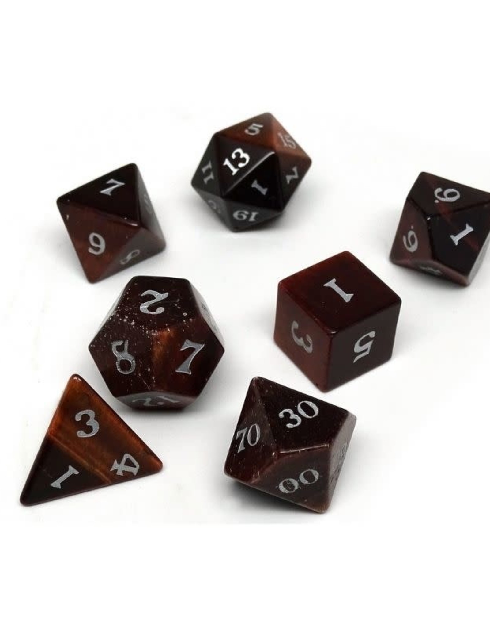 Stone Polyhedral Dice Set: Tigers Eye, Signature Font