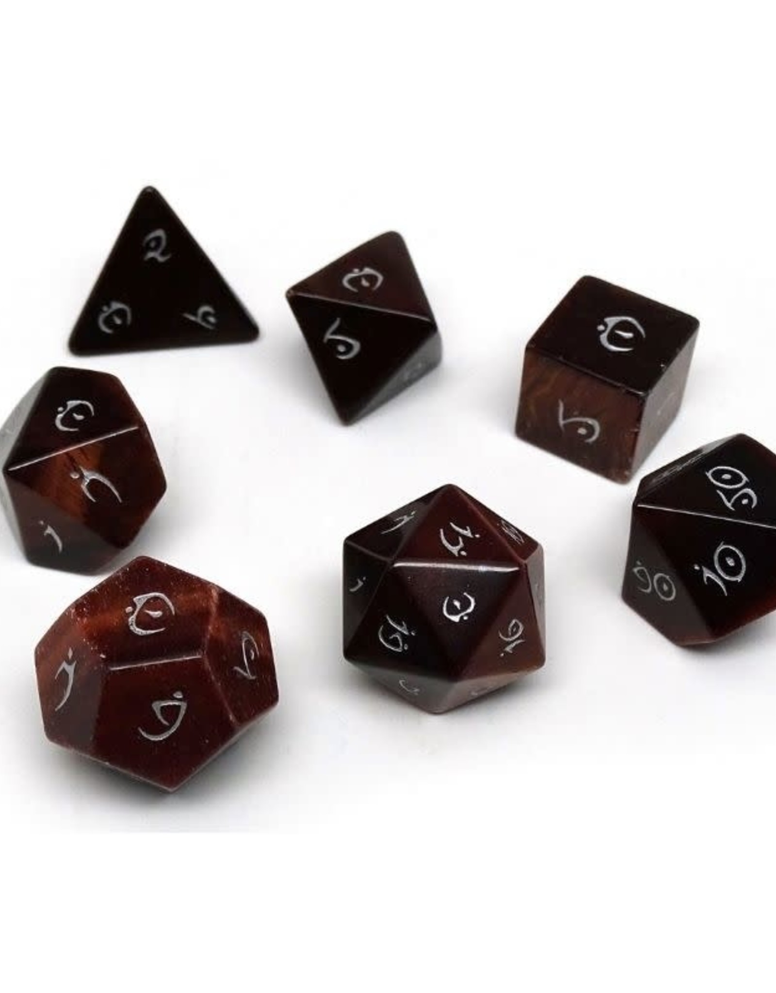 Stone Polyhedral Dice Set (Tigers Eye, Elven Font)