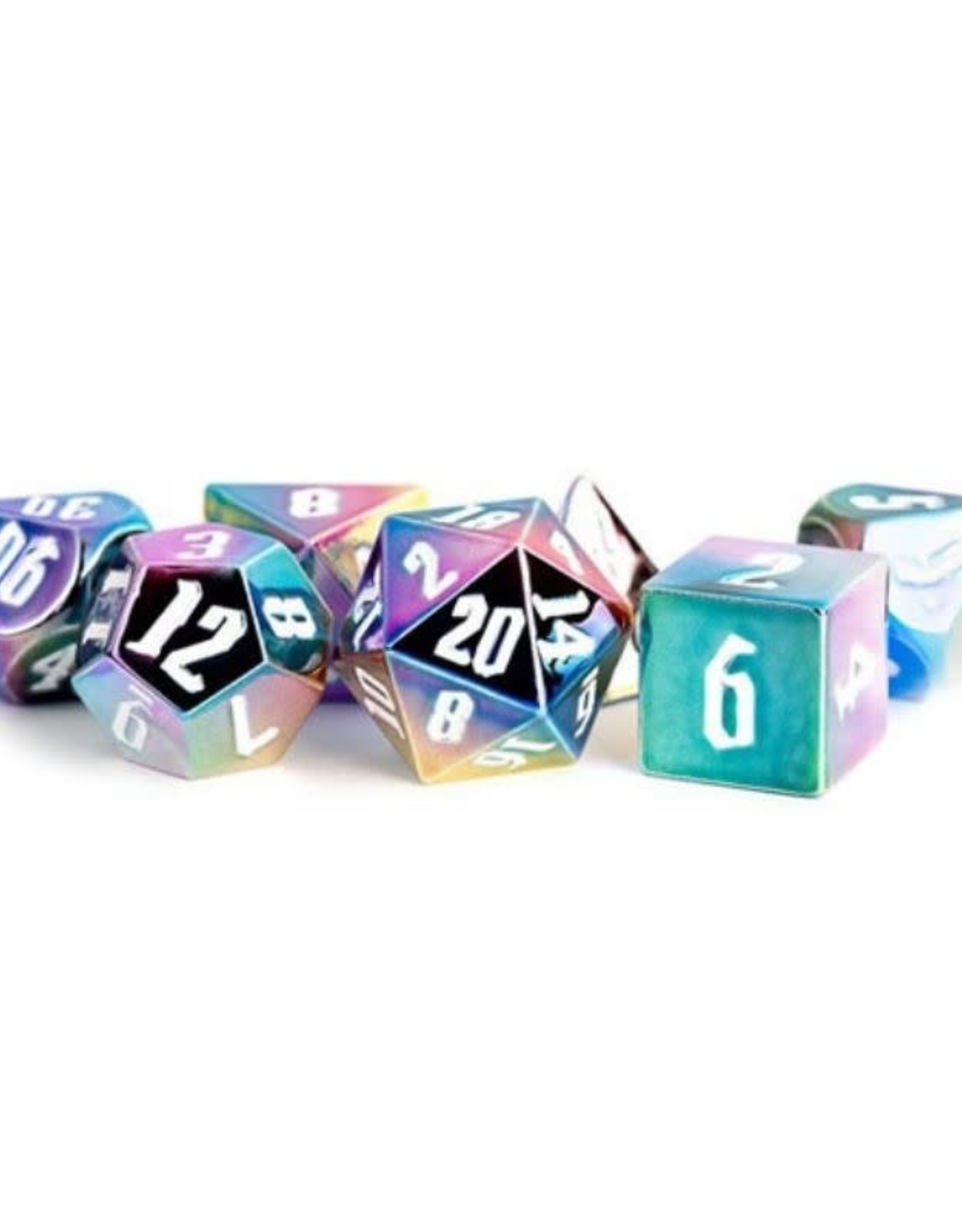 Polyhedral Metal-plated Dice Set: Aegis Rainbow w/White