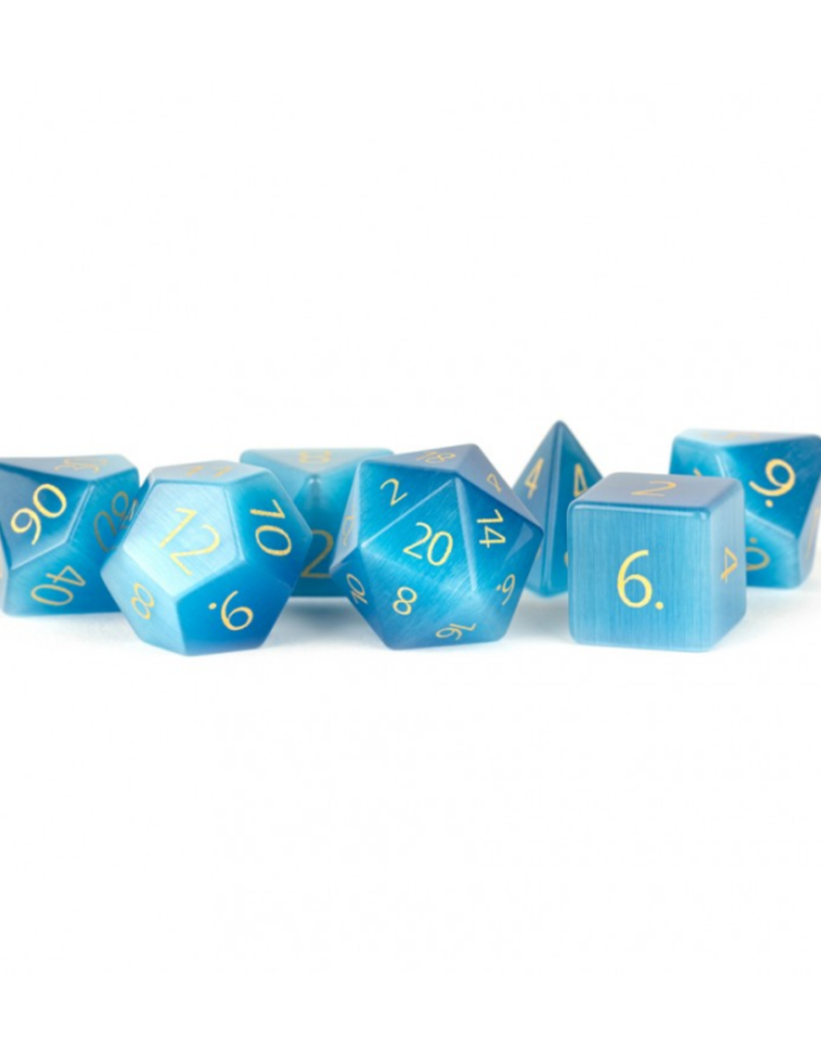 Polyhedral Stone Dice Set: Engraved Cat's Eye Aquamarine