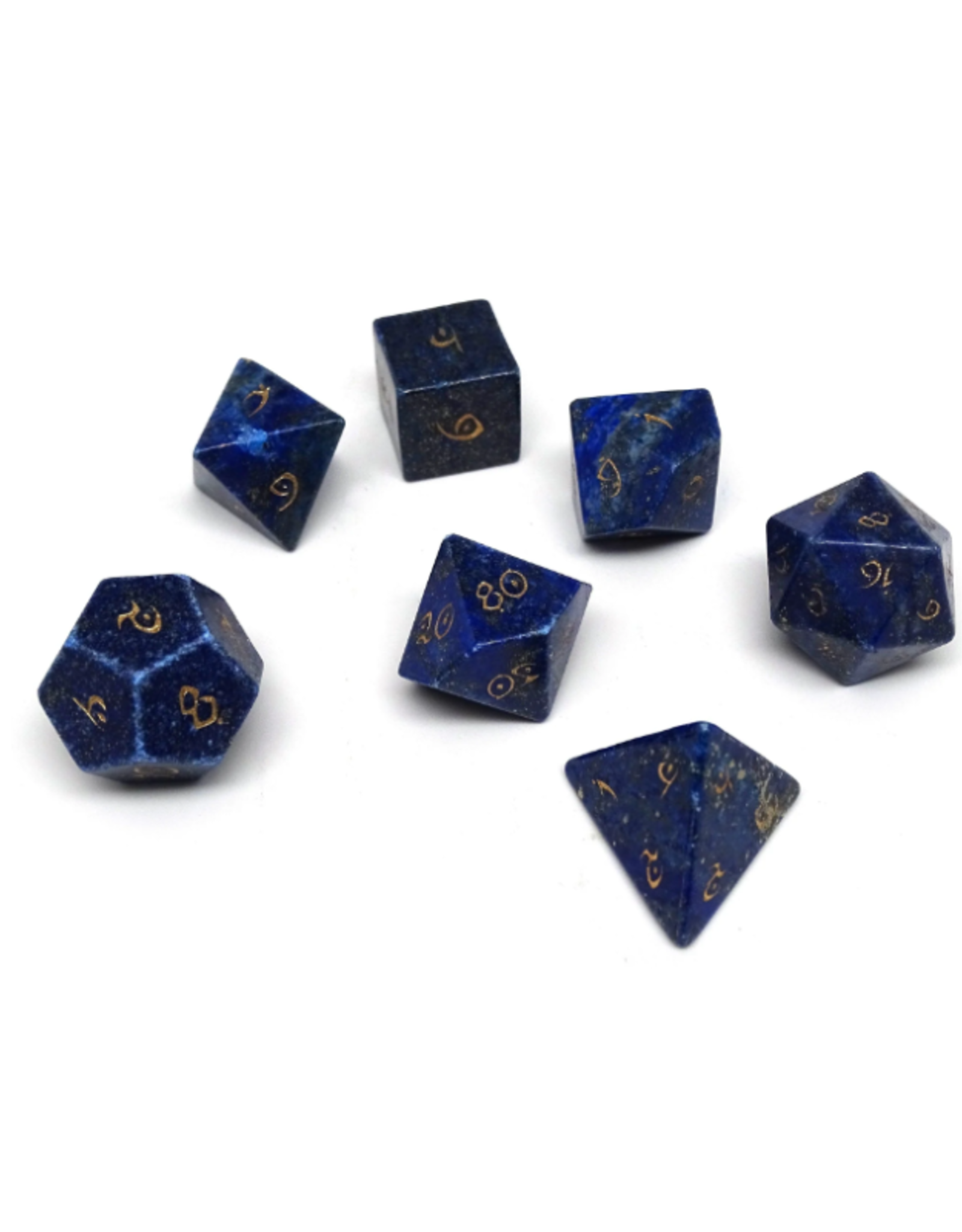 Stone Polyhedral Dice Set (Lapis Lazuli, Gold Elven Font)