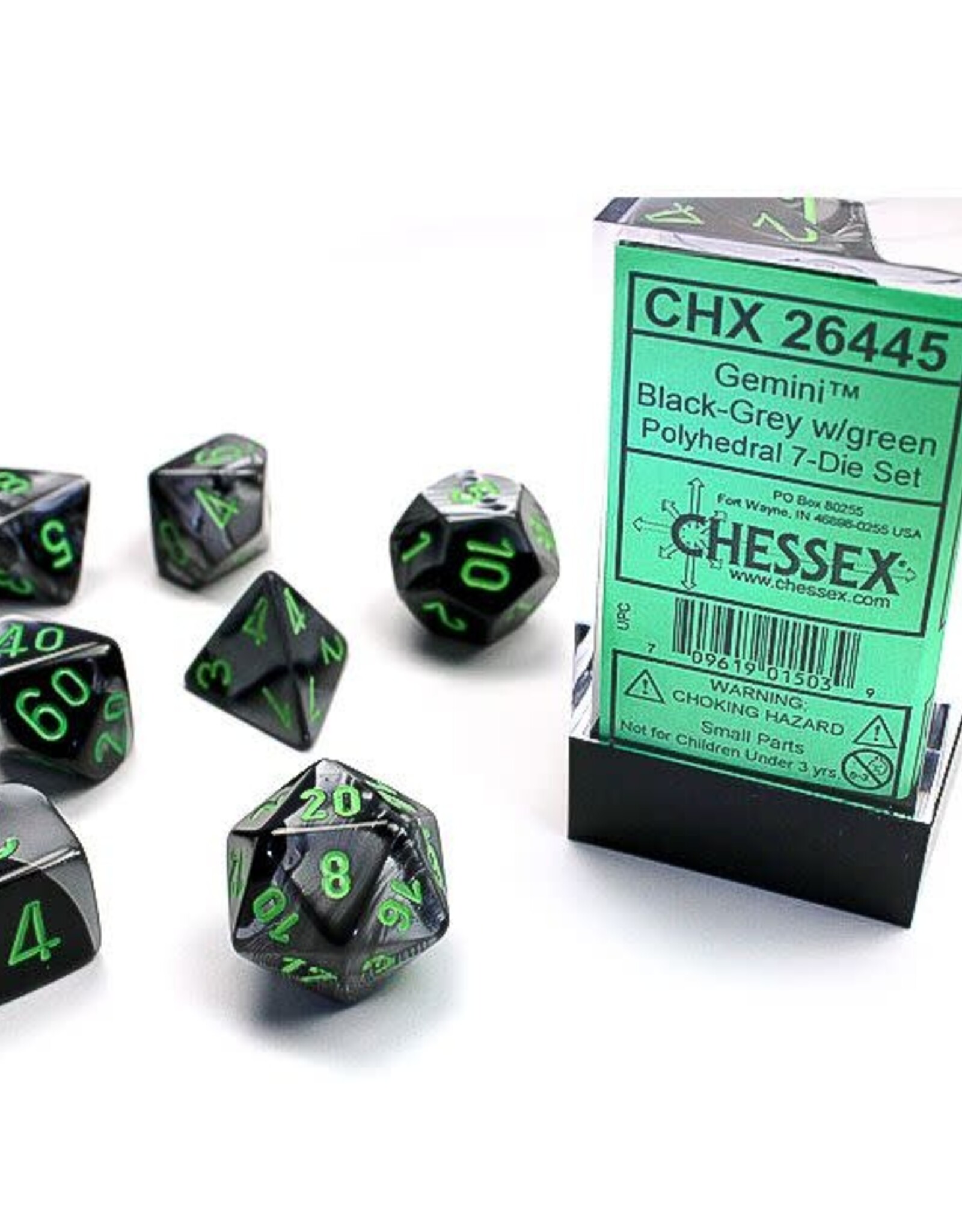 Polyhedral Dice Set: Gemini - Black and Grey w/Green