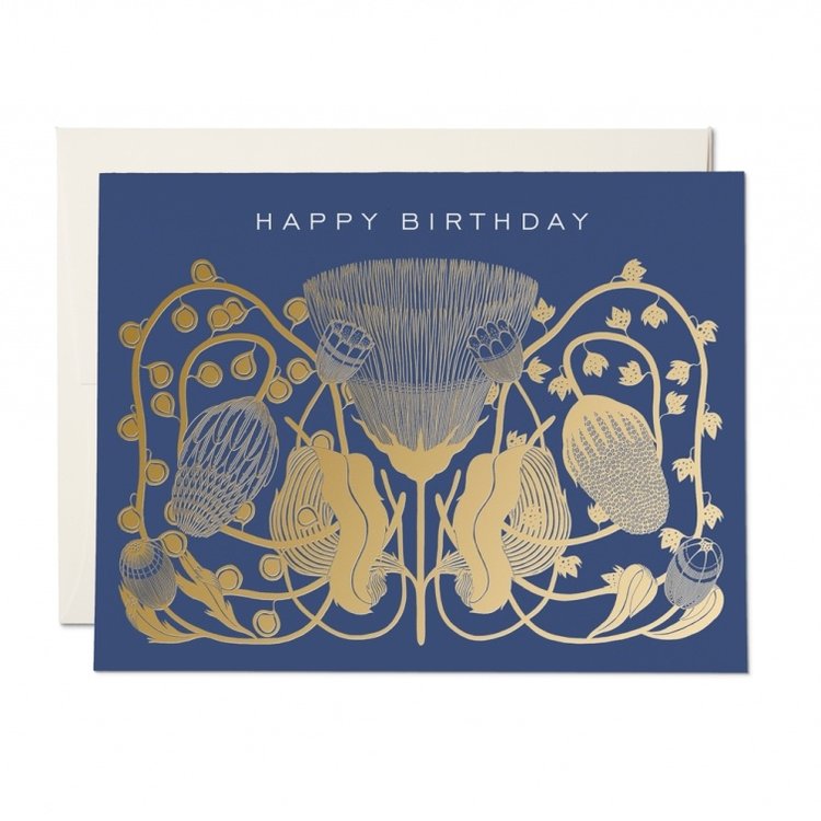Red Cap Cards Cobalt Happy Birthday card with gold foil