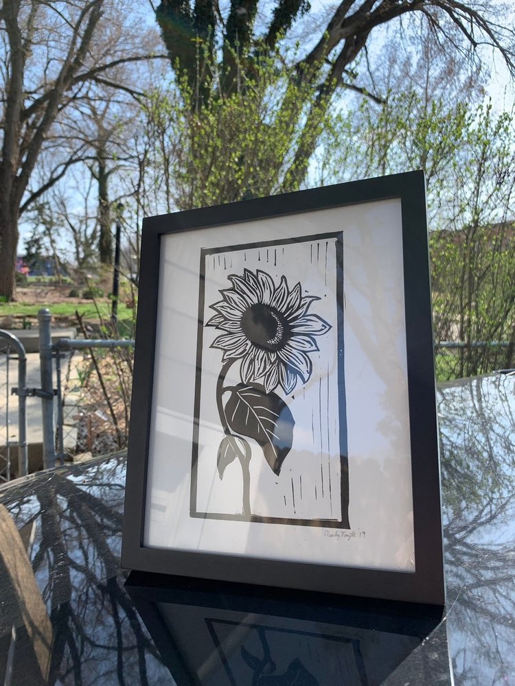 Charley Forsyth single sunflower with curved stem 8x10 linocut by Charley Forsyth