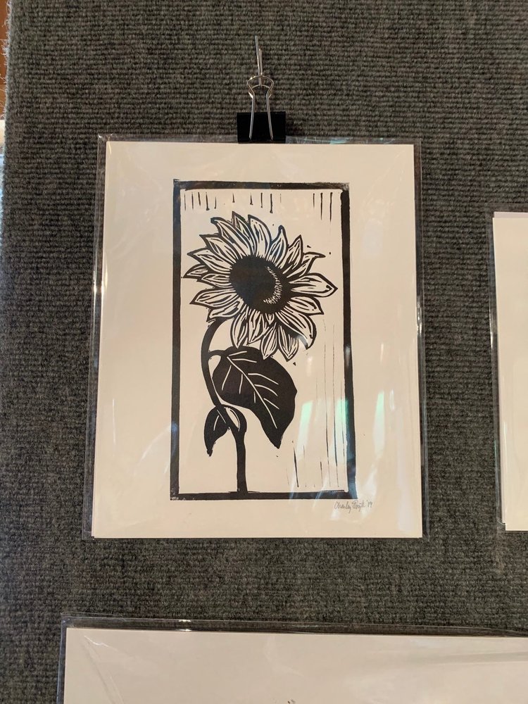 Charley Forsyth single sunflower with curved stem 8x10 linocut by Charley Forsyth