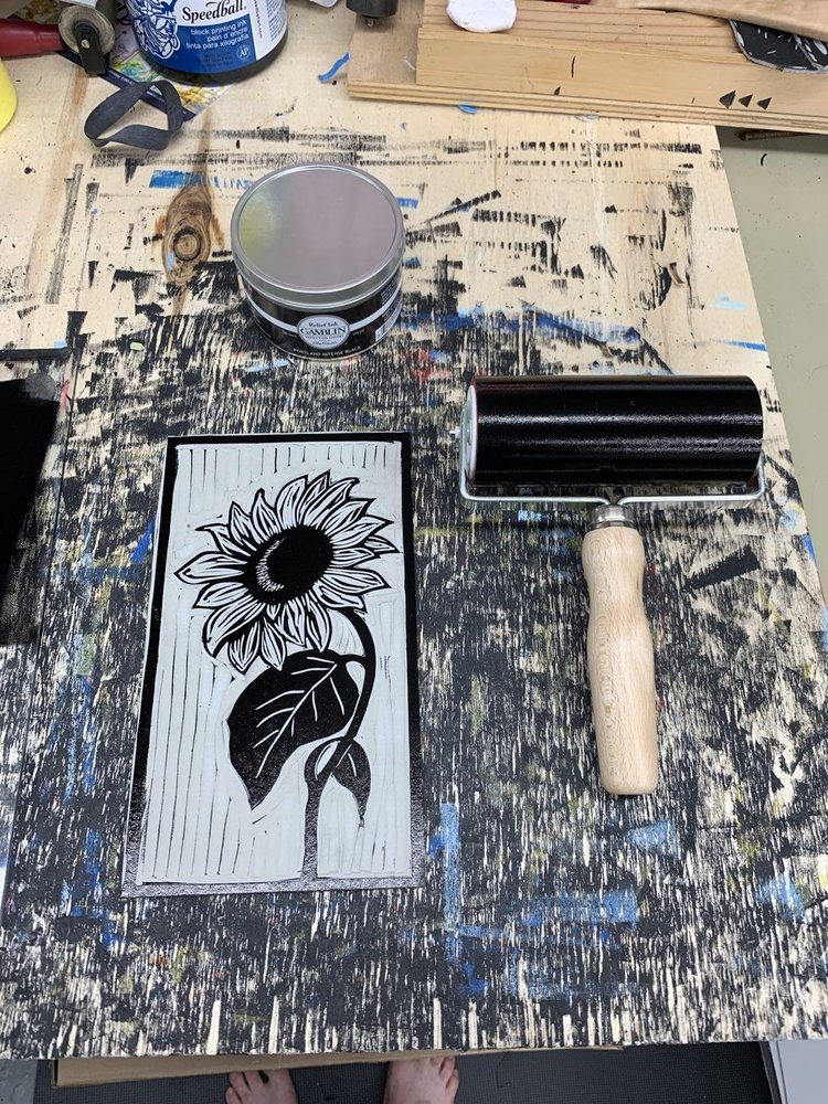 Charley Forsyth single sunflower with curved stem 8x10 linocut by Charley Forsyth