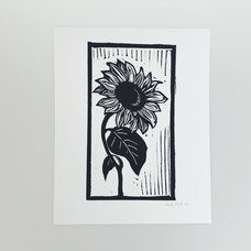 Charley Forsyth Single Sunflower with curved stem 8x10 linocut