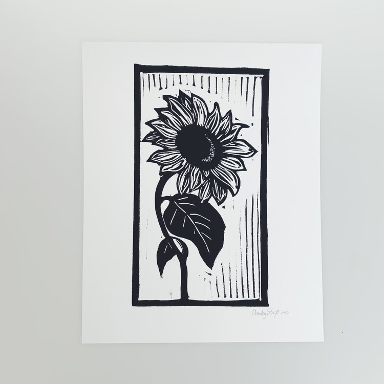 Charley Forsyth single sunflower with curved stem 8x10 linocut by Charley Forsyth